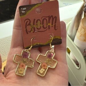 Bloom Gold Cross Earrings with Floral Design